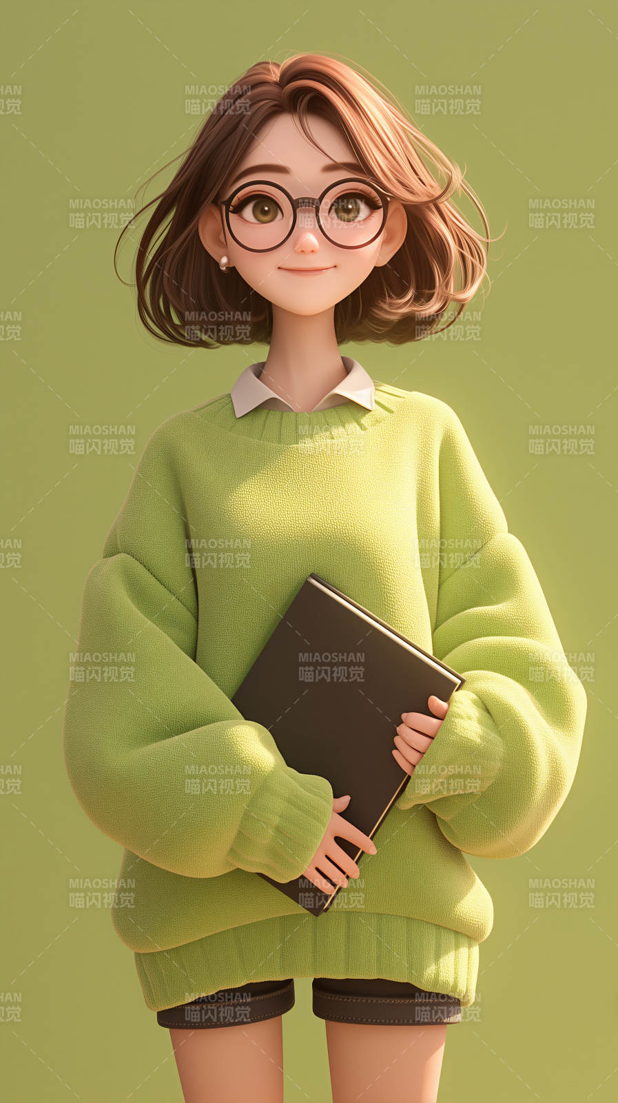 绿衣女孩抱书图片