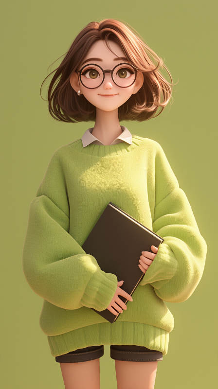 绿衣女孩抱书图片