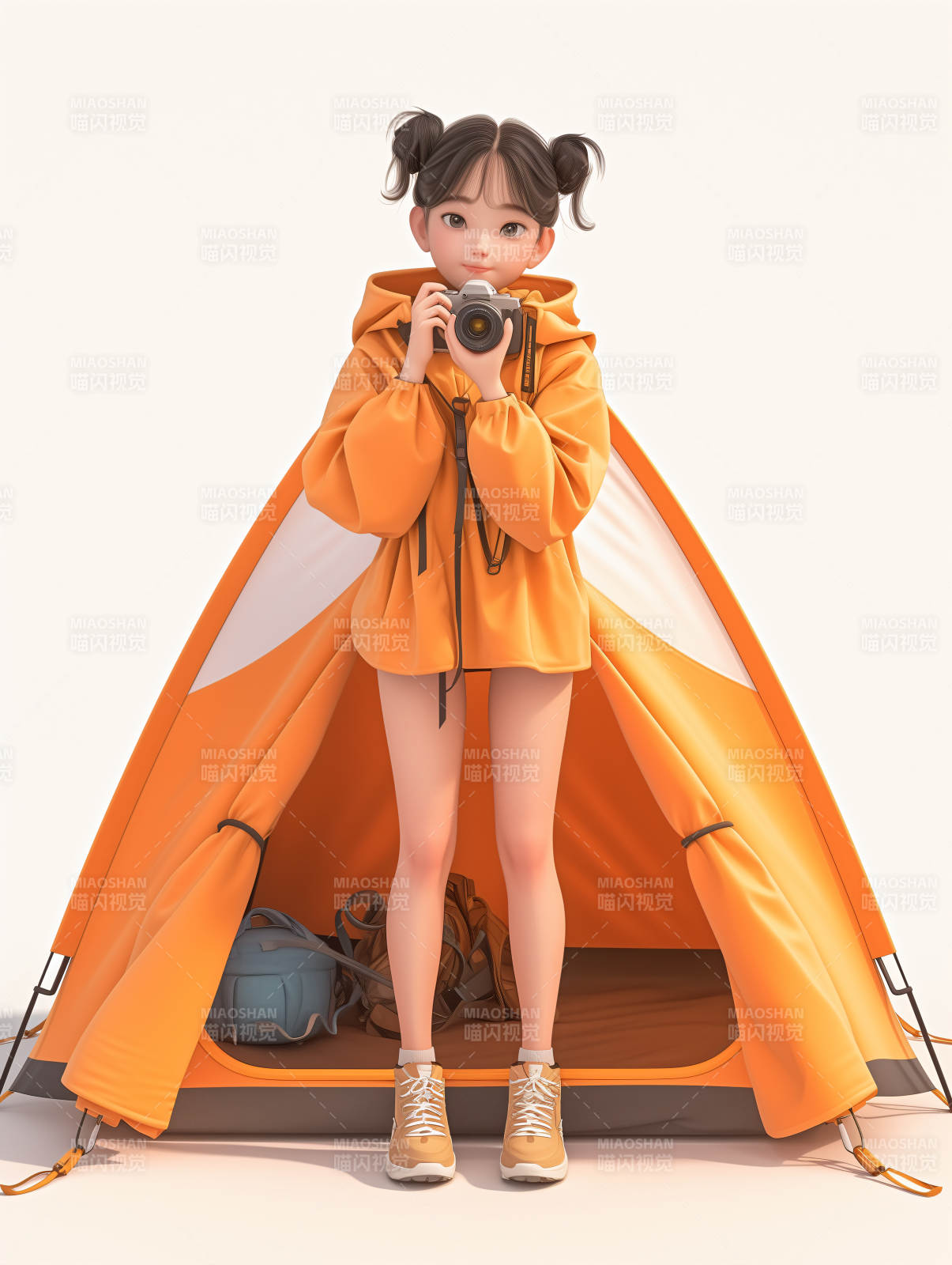 橙色帐篷前的少女图片