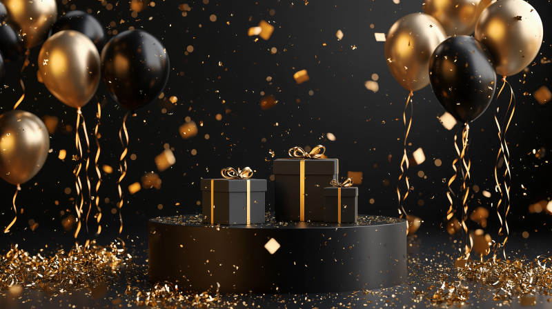 金色礼盒与气球庆典图片