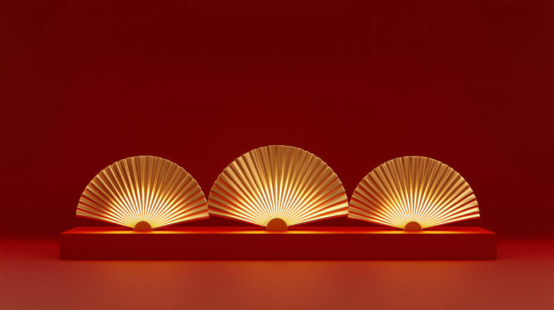 三扇金扇映红墙图片