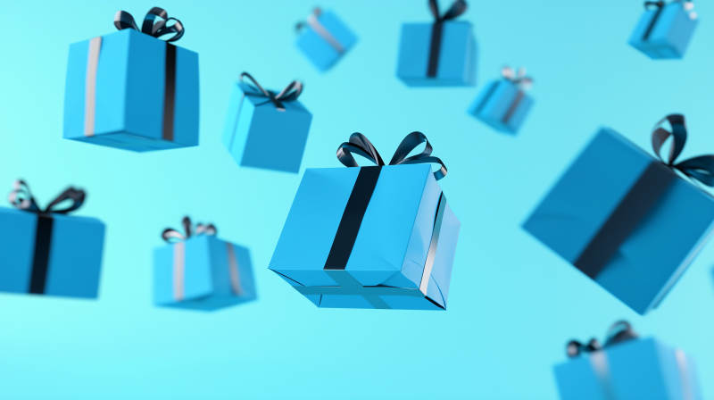 蓝色礼盒飘浮空中图片