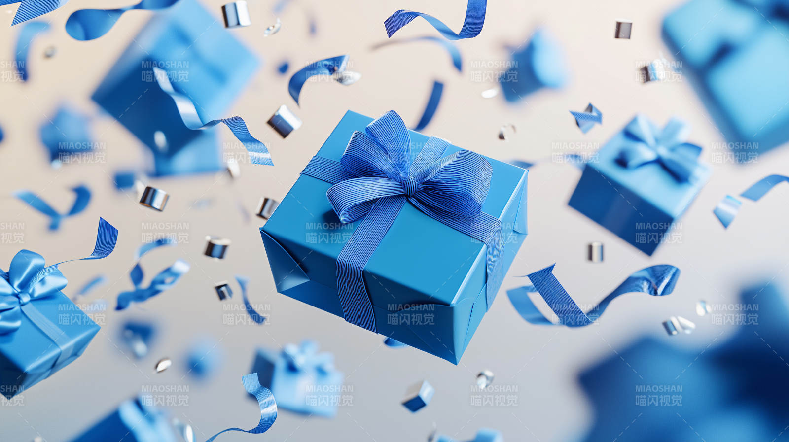蓝色礼盒飘落场景图片