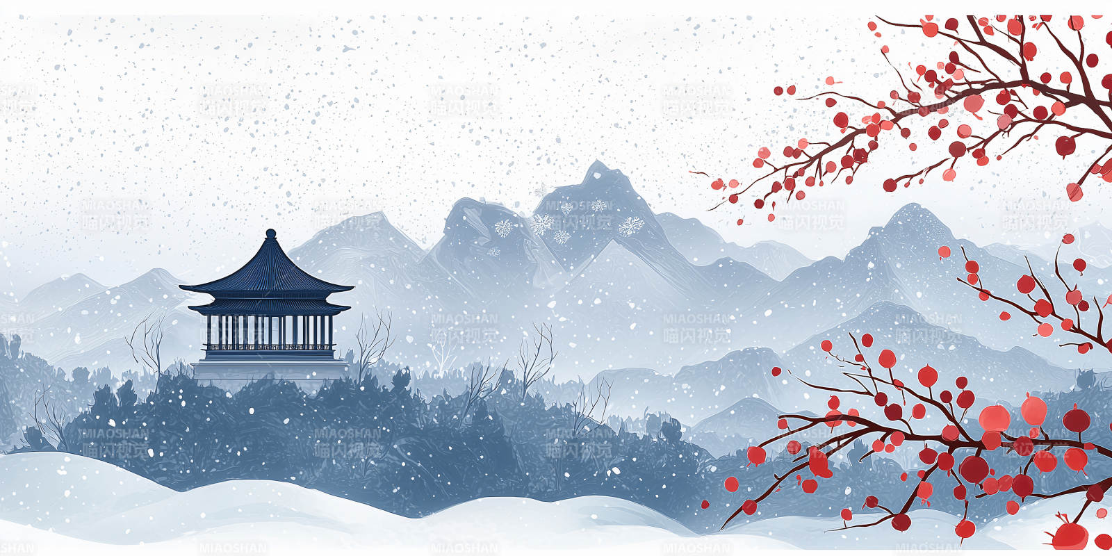 雪中古亭梅枝红图片