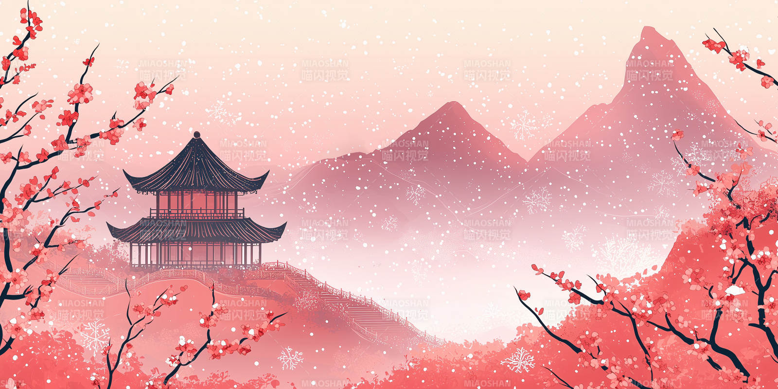 樱花古亭山景图片