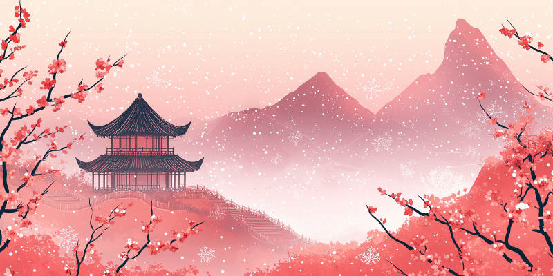 樱花古亭山景图片