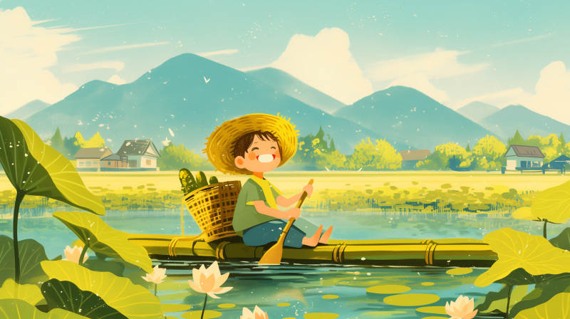 竹筏采莲图图片