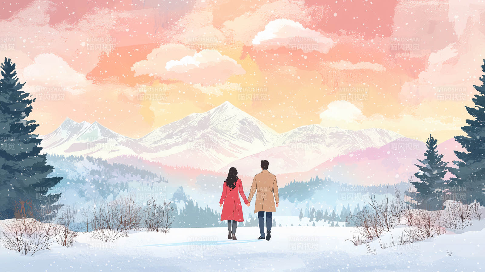 雪原共赏夕阳图片