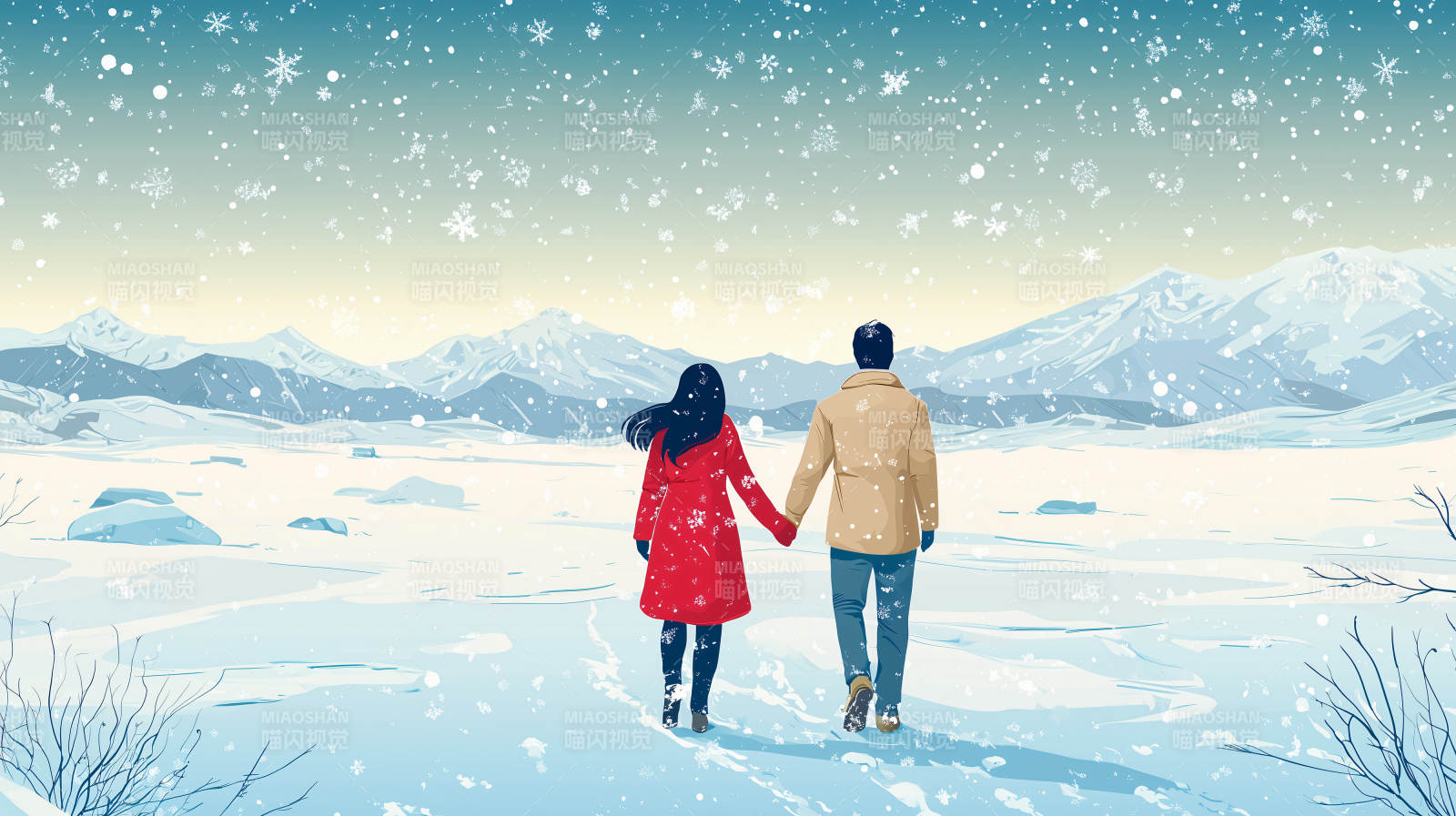雪中牵手行图片