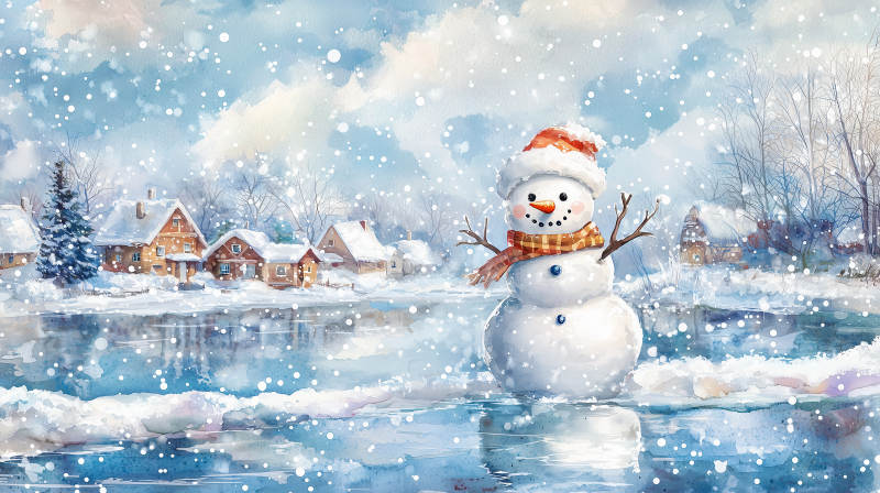 雪人湖畔冬景图片