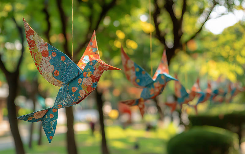 彩纸鸟飞舞林间图片