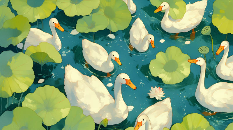 荷塘白鸭戏水图片