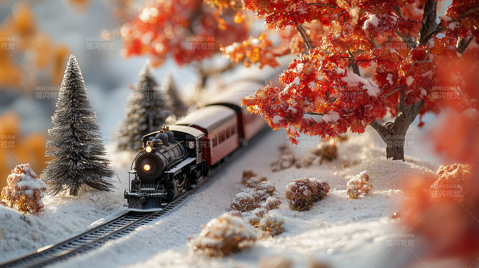 雪中火车秋景图片