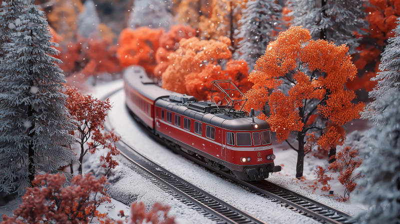 秋雪中的红色列车图片