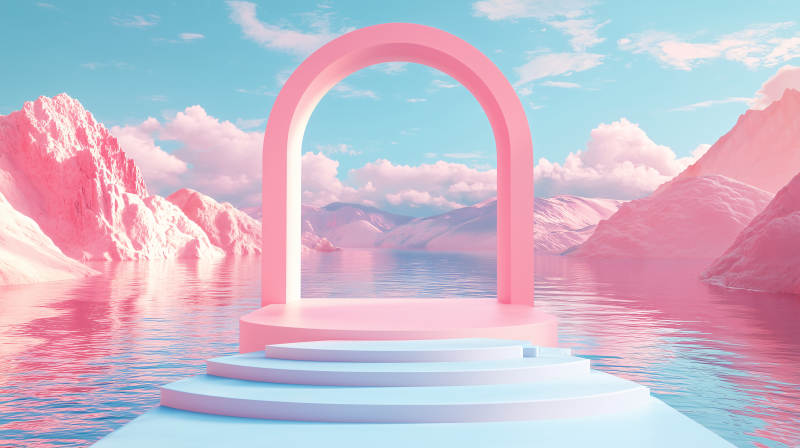 梦幻粉色拱门湖景图片