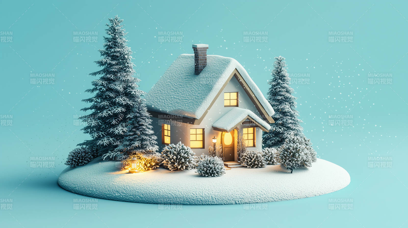 雪夜小屋温馨如画图片