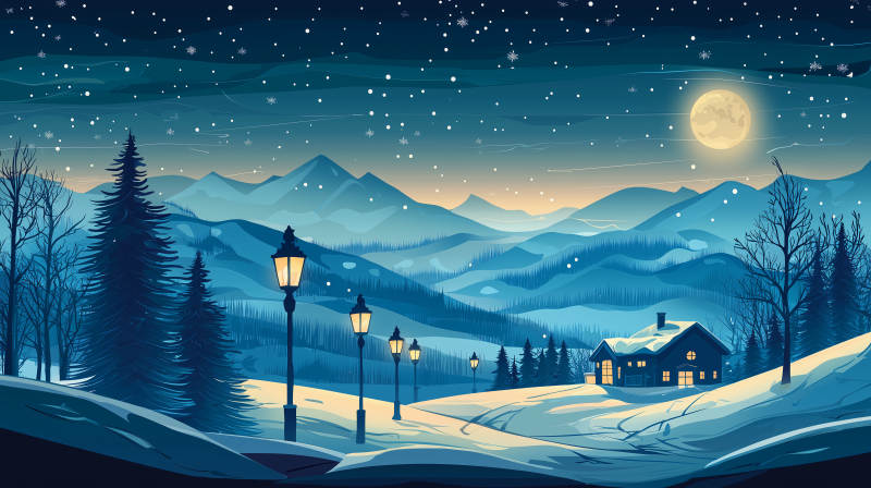 冬夜雪景月光图片