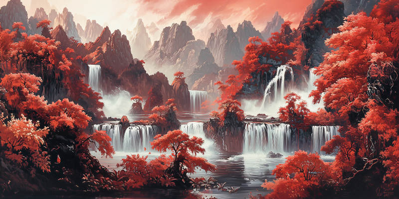 红枫山水画卷图片