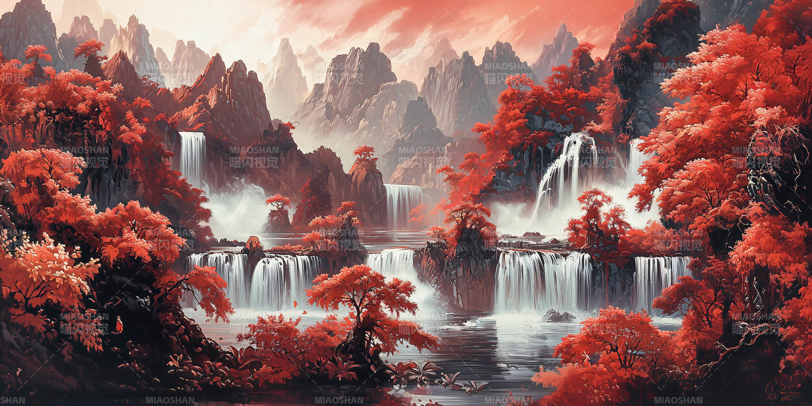 红枫山水画卷图片