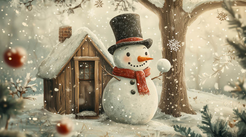 雪人与小屋的冬日图片