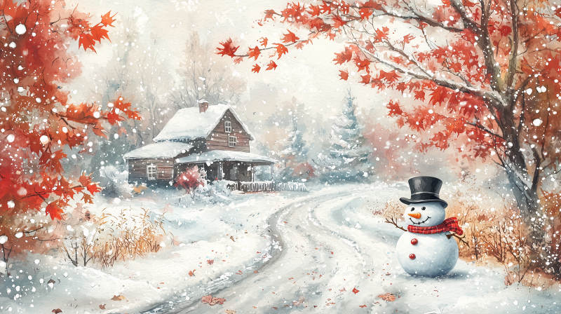 雪中红叶小屋图片