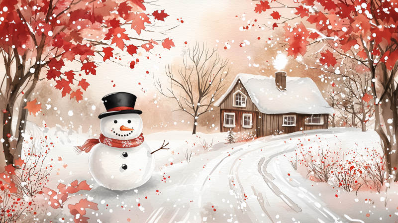 雪景中的小屋与雪人图片