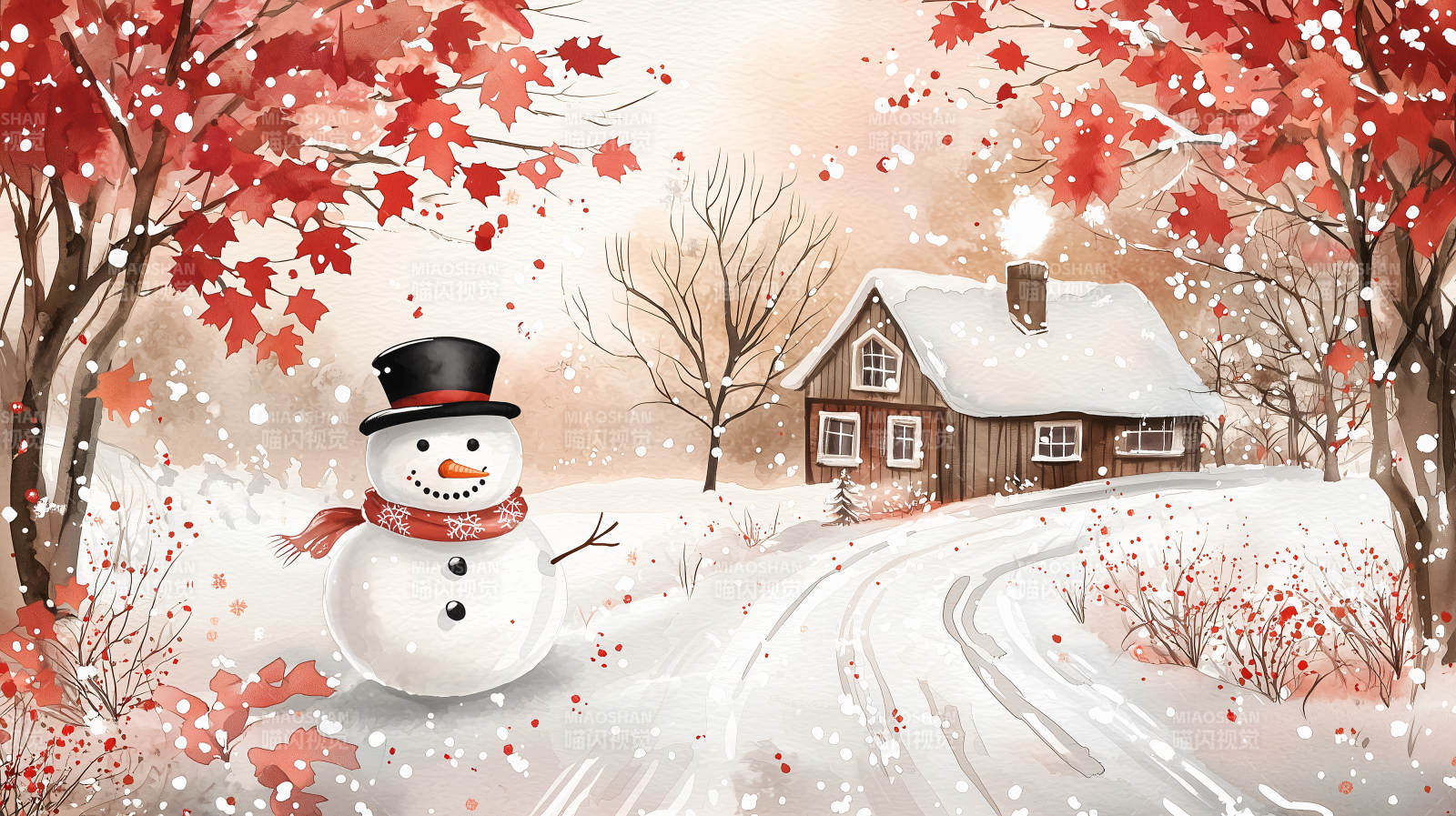 雪景中的小屋与雪人图片