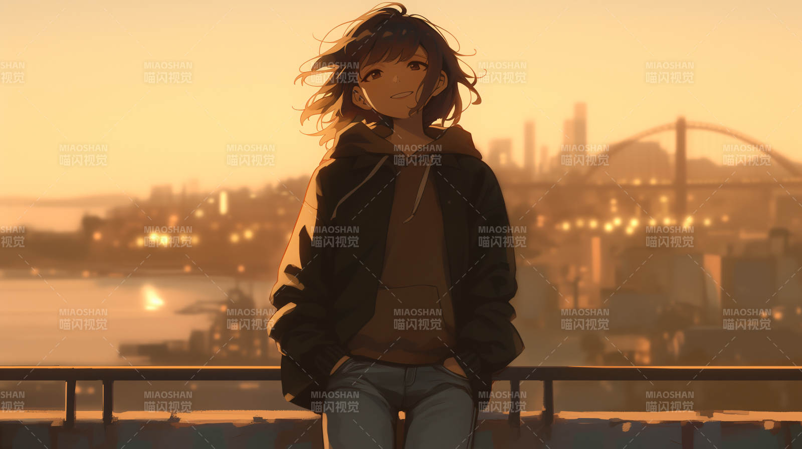 黄昏港湾少女图片