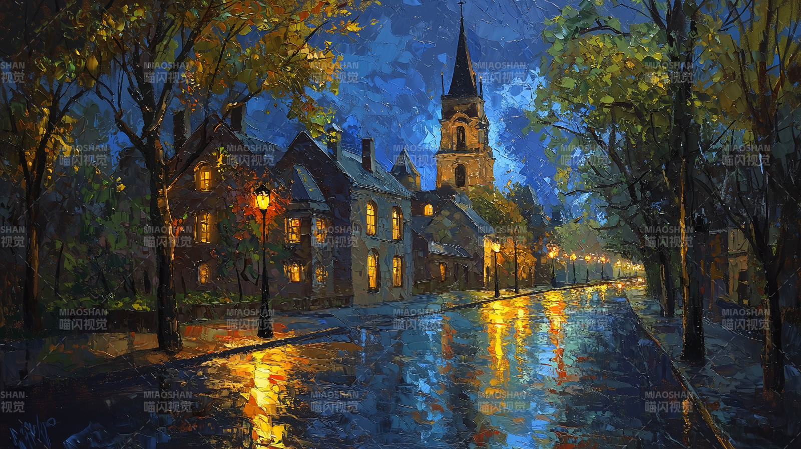 雨夜教堂街景图片