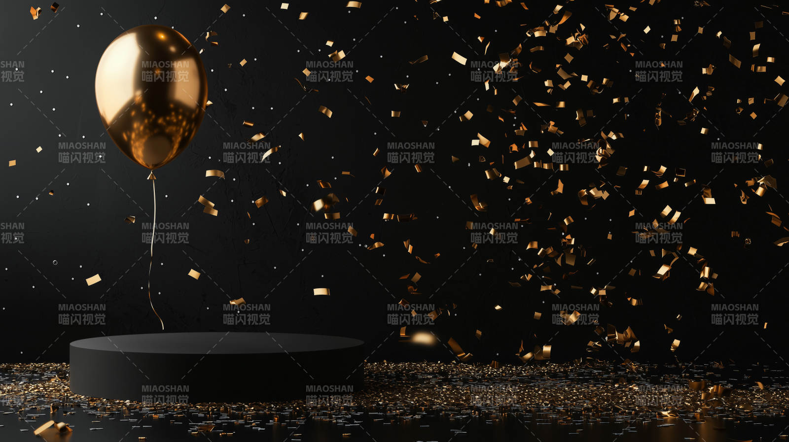 金色气球与彩带飞舞图片