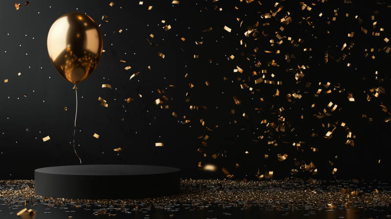 金色气球与彩带飞舞图片