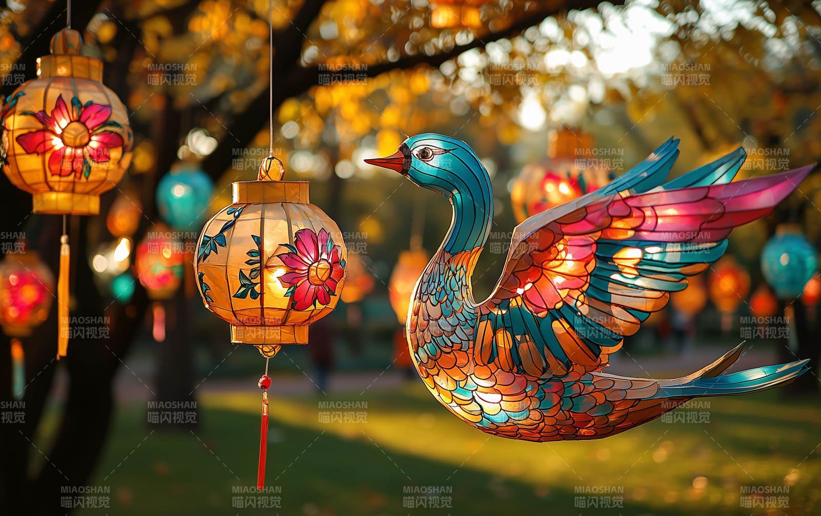 彩灯映鸭影图片