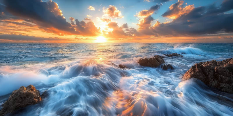 日出海浪岩石图片