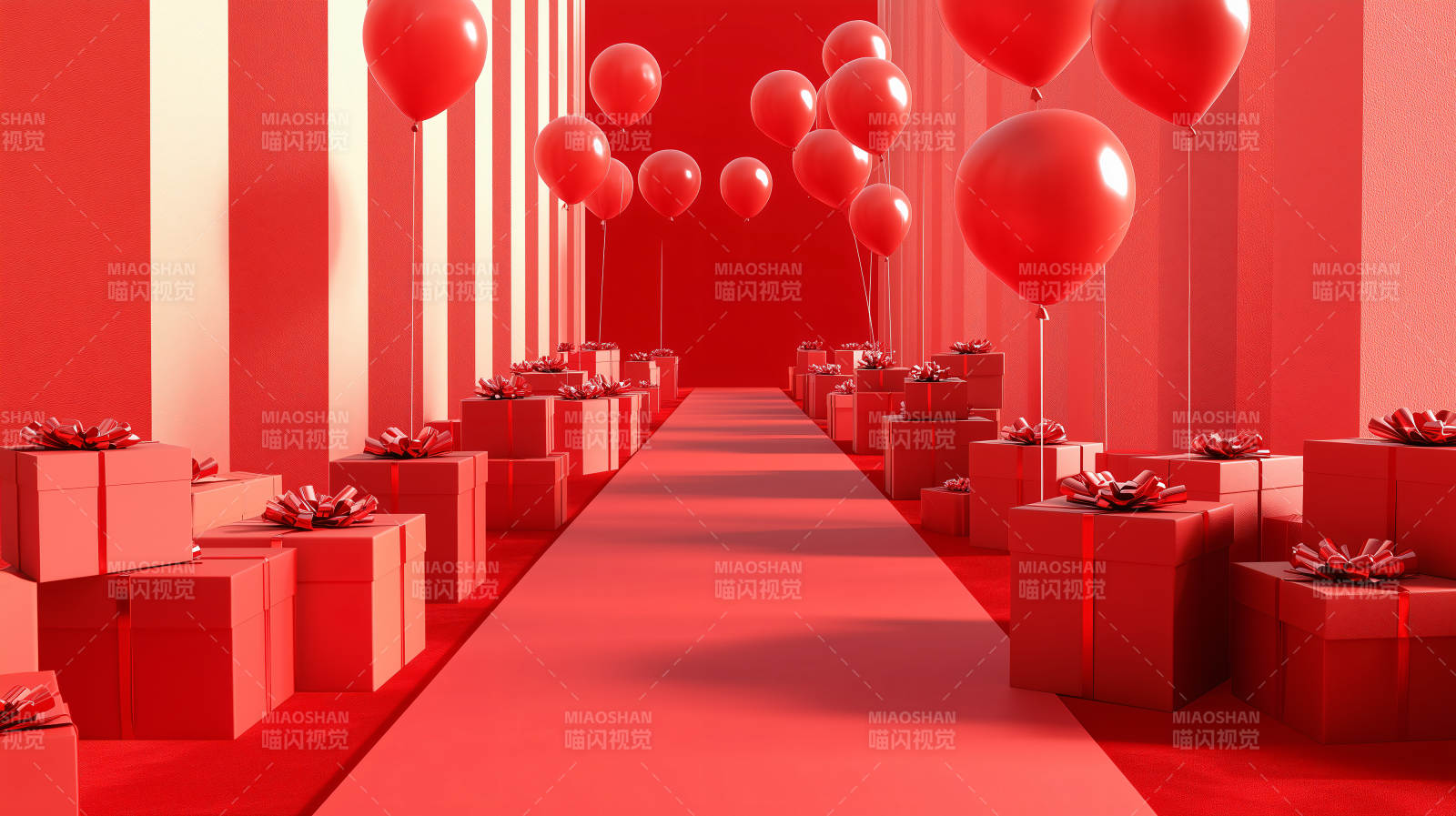 红色礼盒与气球长廊图片