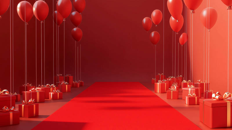 红色礼盒与气球的庆典场景图片