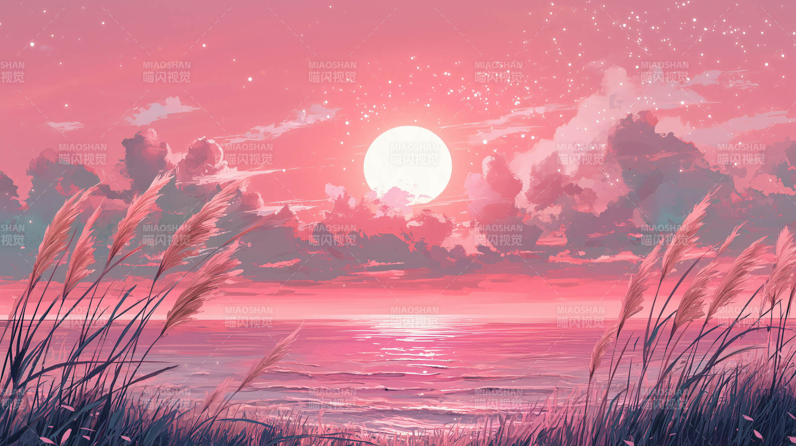 粉红日落海景图片