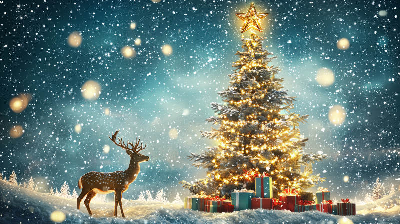 雪夜圣诞树与鹿图片