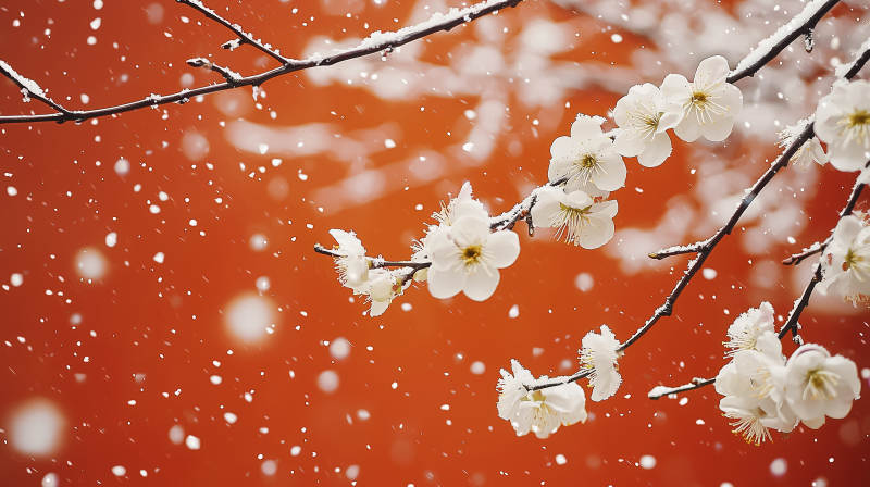 雪中梅花绽放图片