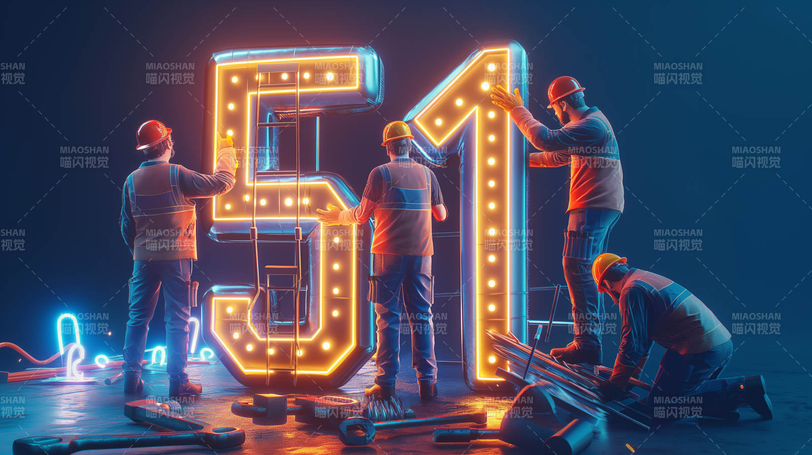 工人组装发光数字图片