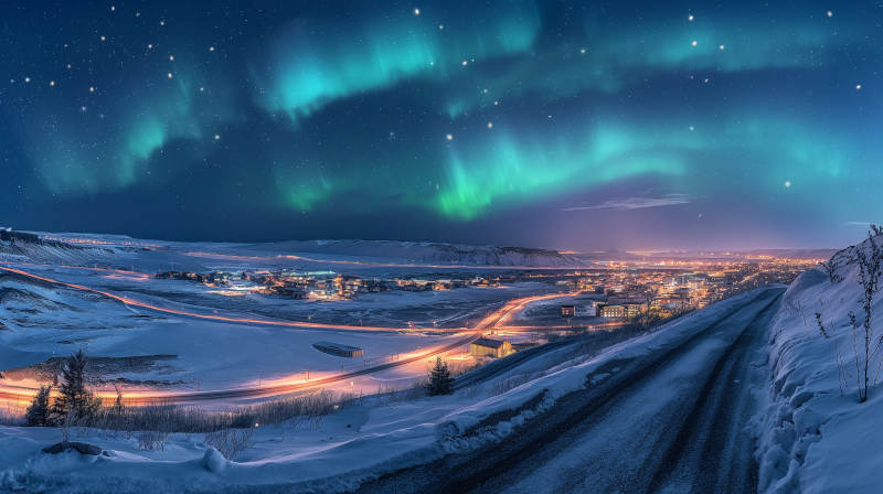 极光映雪夜图片