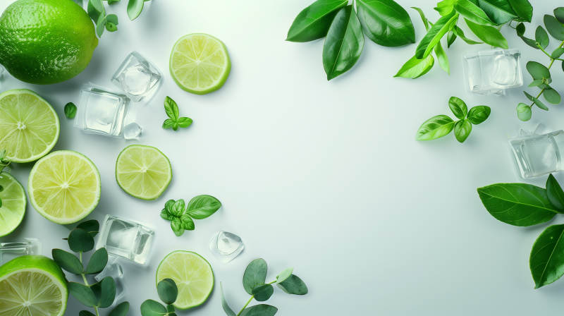 清新柠檬冰块绿叶图片