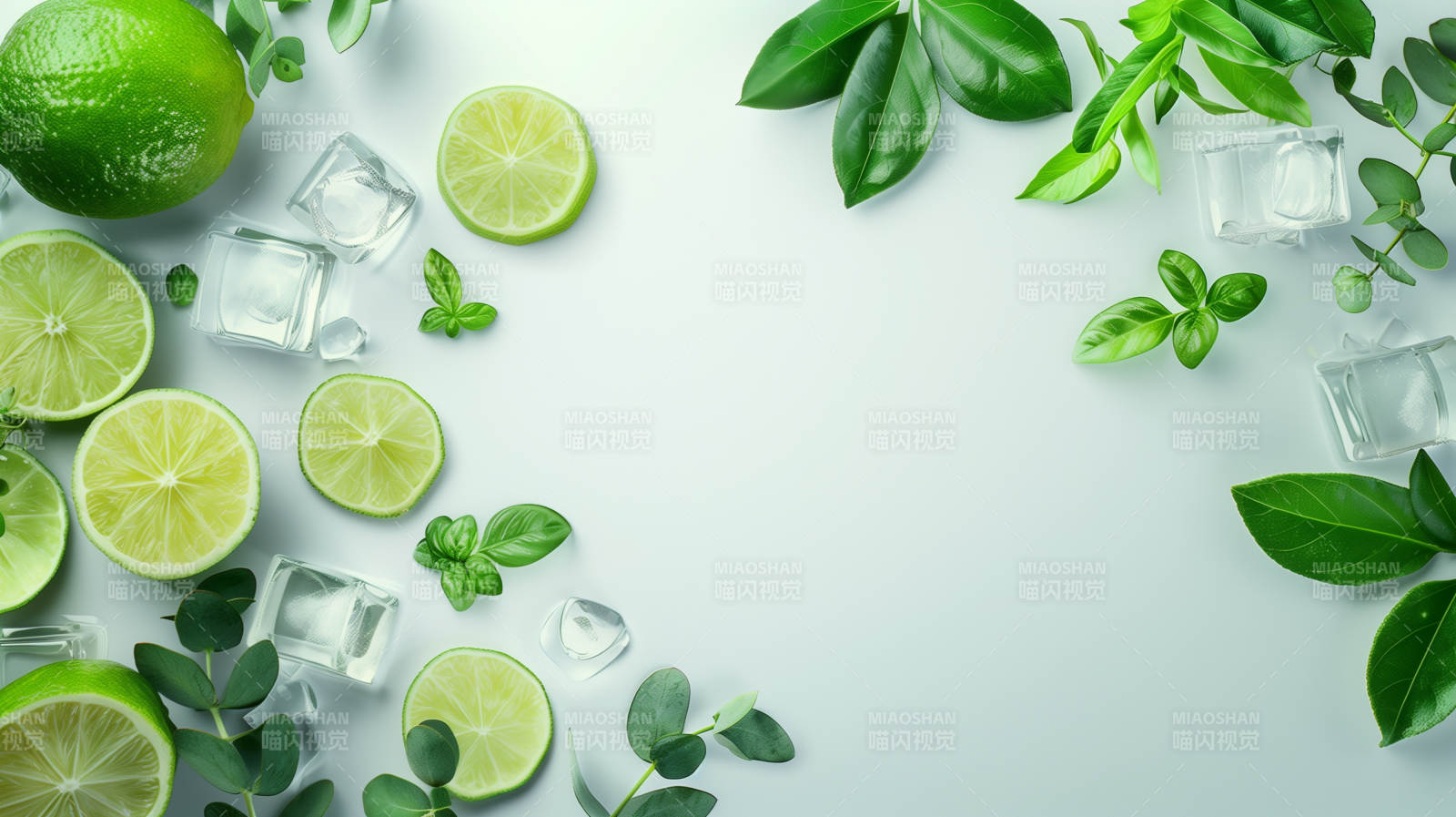 清新柠檬冰块绿叶图片