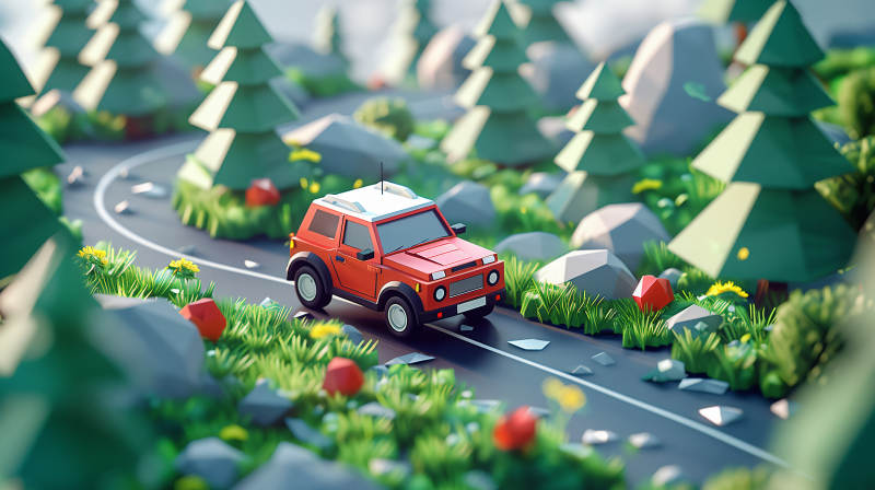 红车穿行林间道图片