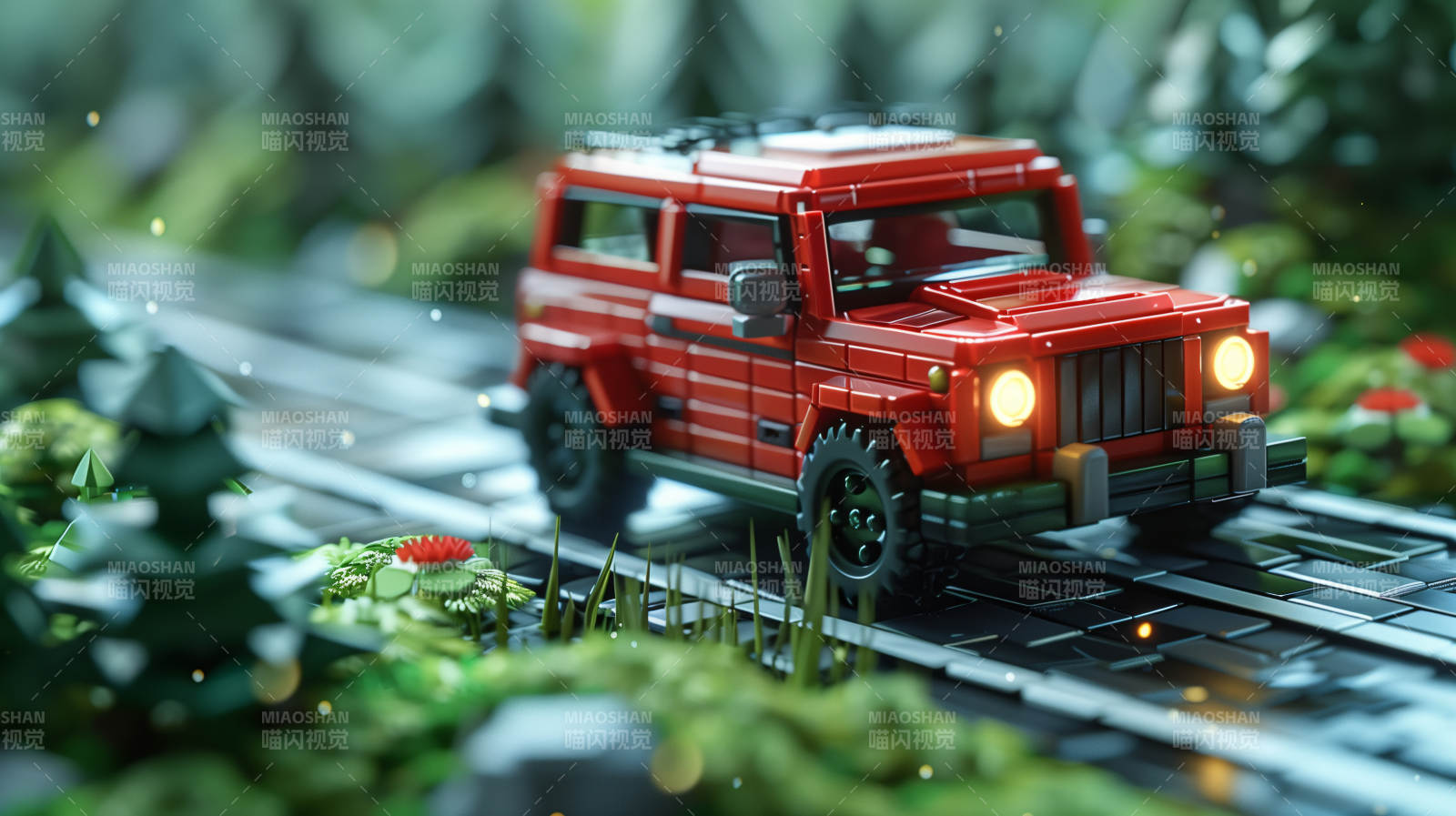 红车穿行林间道图片