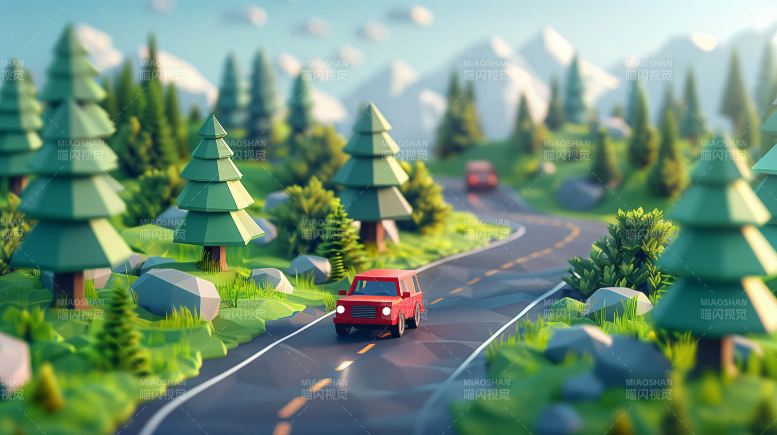 红车驰骋林间道图片