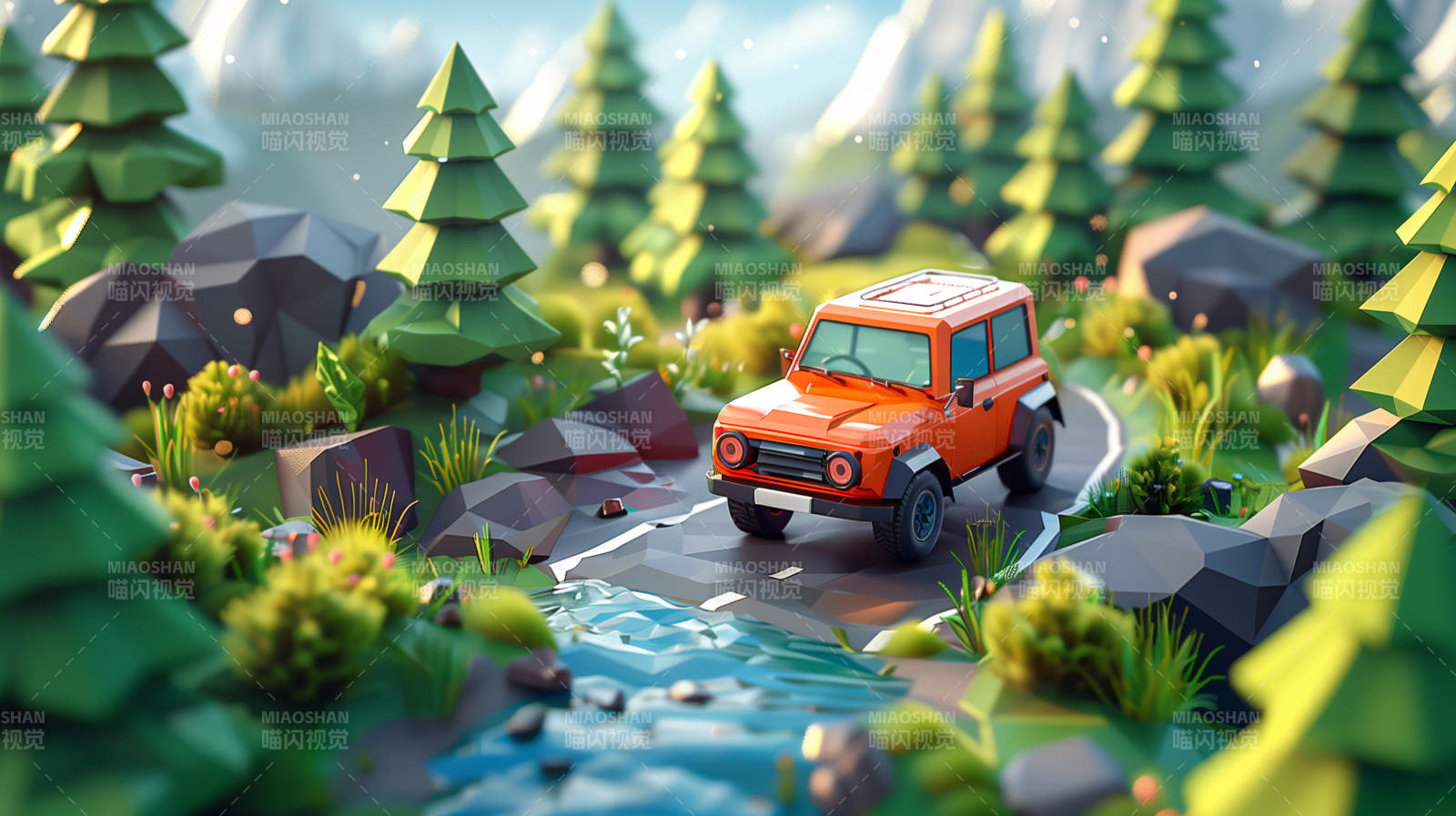 橙色越野车穿林越溪图片