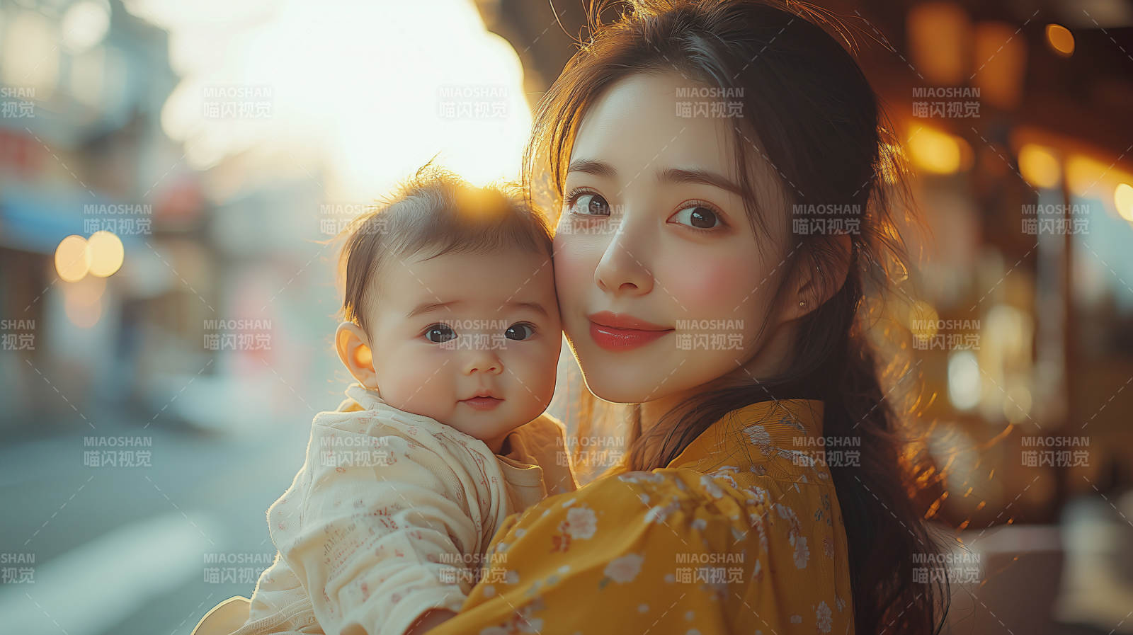 母子温馨街景图片