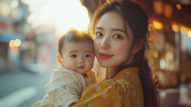 母子温馨街景图片