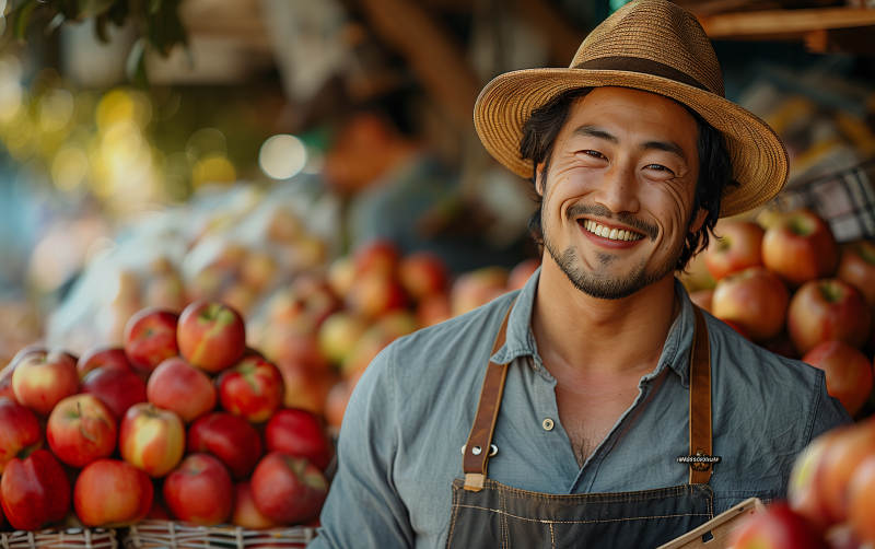 果摊上的微笑农夫图片