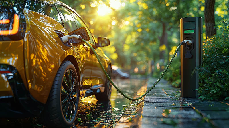 阳光下的电动汽车充电图片